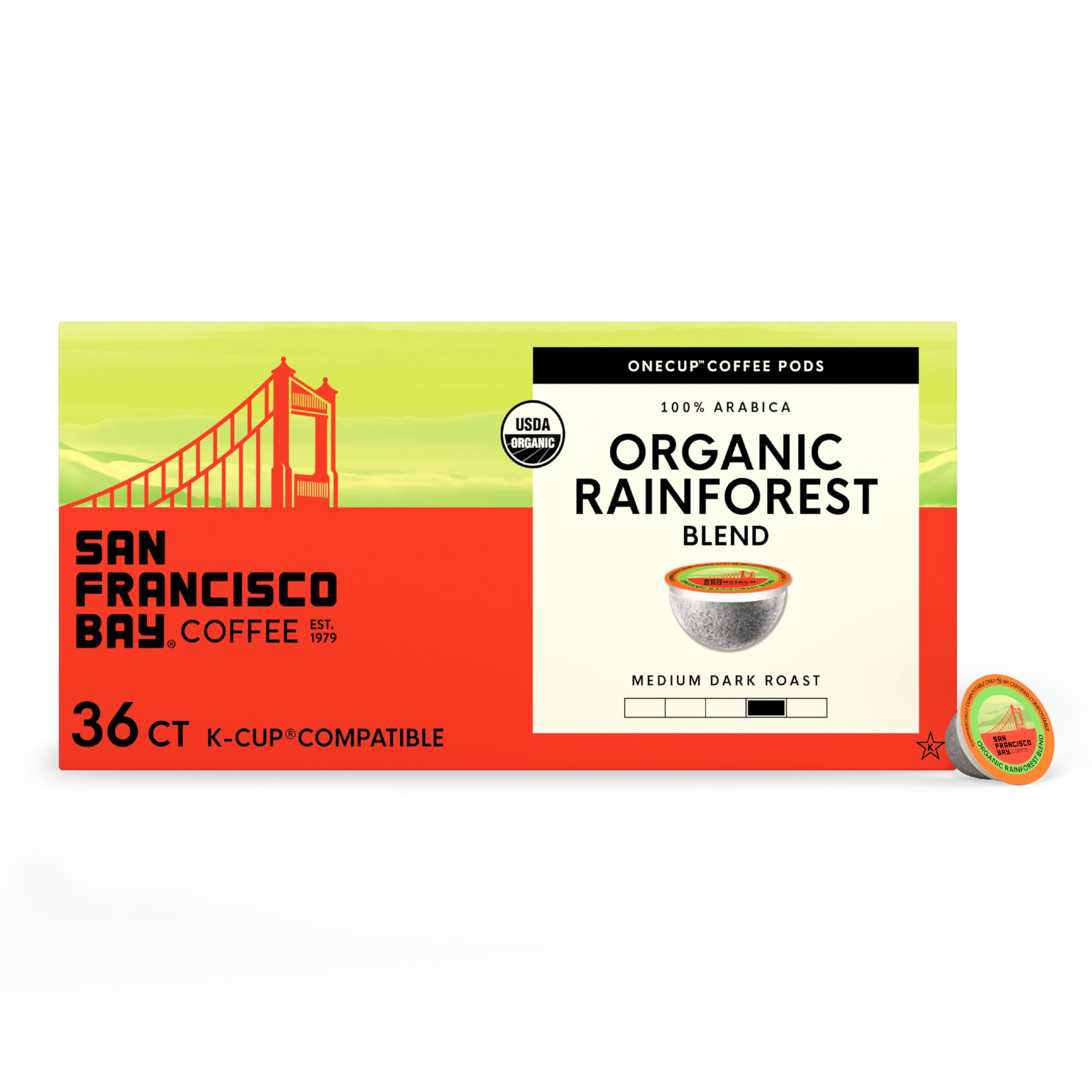 SAN FRANCISCO BAY front packaging shows Rainforest Blend and compostable benefit