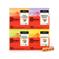 San Francisco Bay front packaging showing four-blend variety and compostable benefit