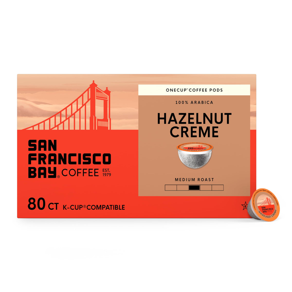 SAN FRANCISCO BAY front packaging showing 80-count hazelnut crème pods and flavor callout
