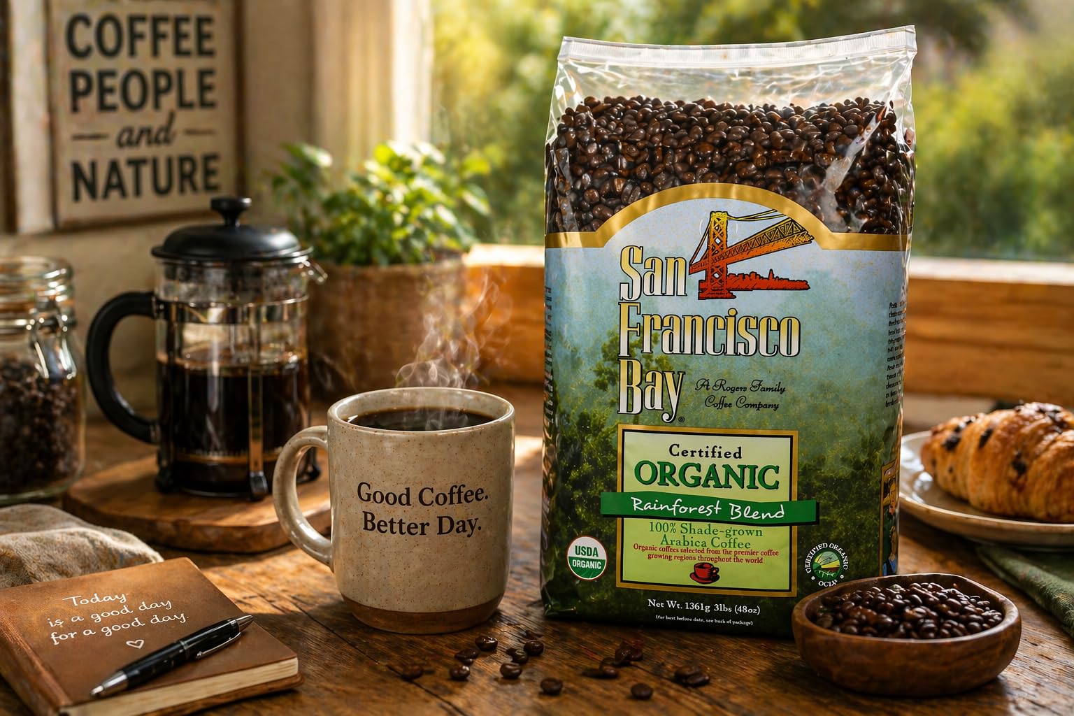 San Francisco Bay bag on office coffee station supplying multiple mugs