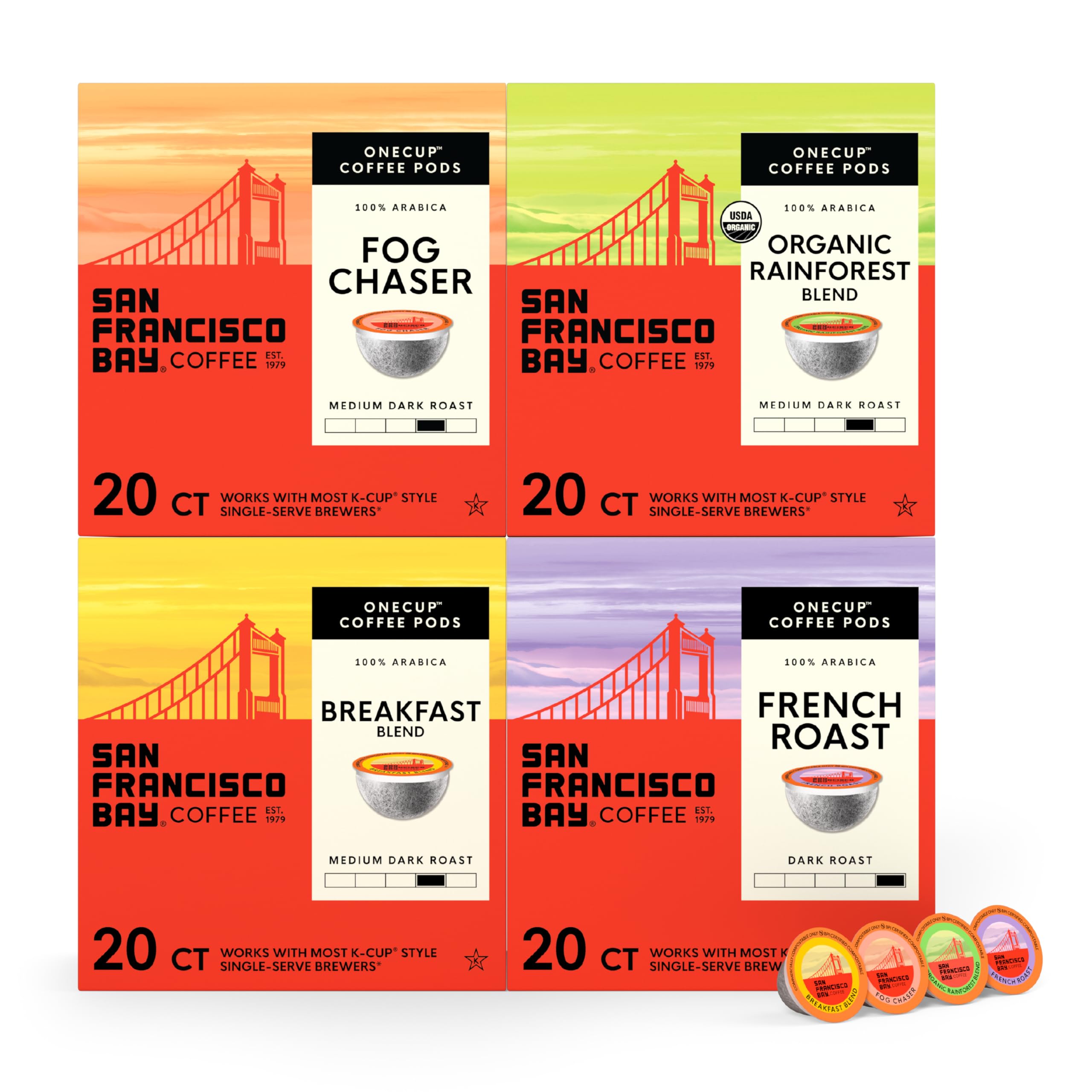San Francisco Bay variety pack front box showing four included blends and 80 count, convenient variety