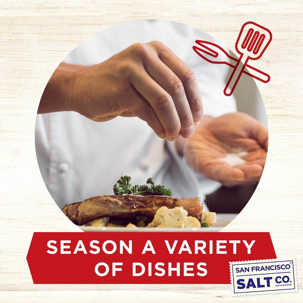 San Francisco Salt Company bowl of smoked sea salt ready to sprinkle for flavor