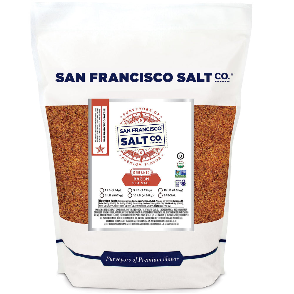 San Francisco Salt Company front packaging showing resealable 2 lb bag and smoky bacon flavor benefits