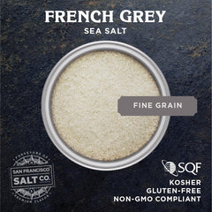 San Francisco Salt Company close up of fine grey crystals highlighting texture and quick dissolve