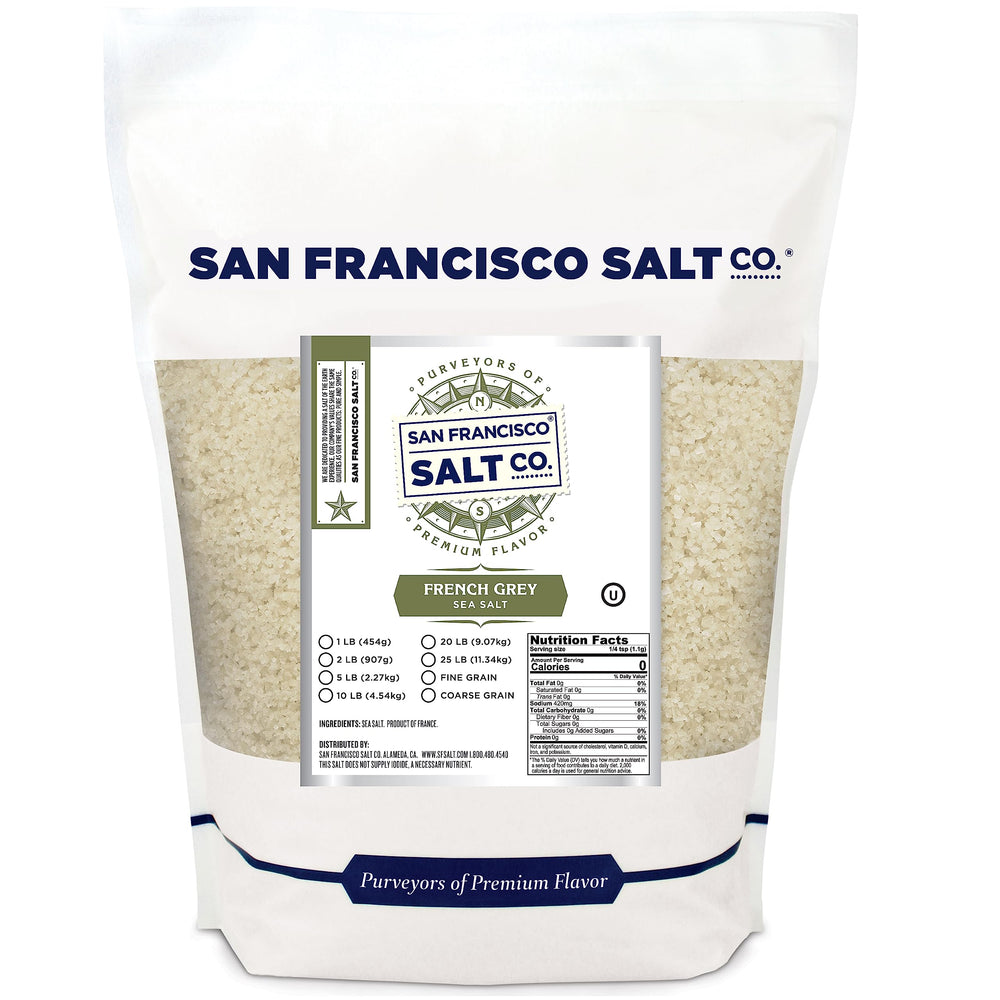 San Francisco Salt Company front-of-bag showing 2 lb coarse grey sea salt benefit: generous supply