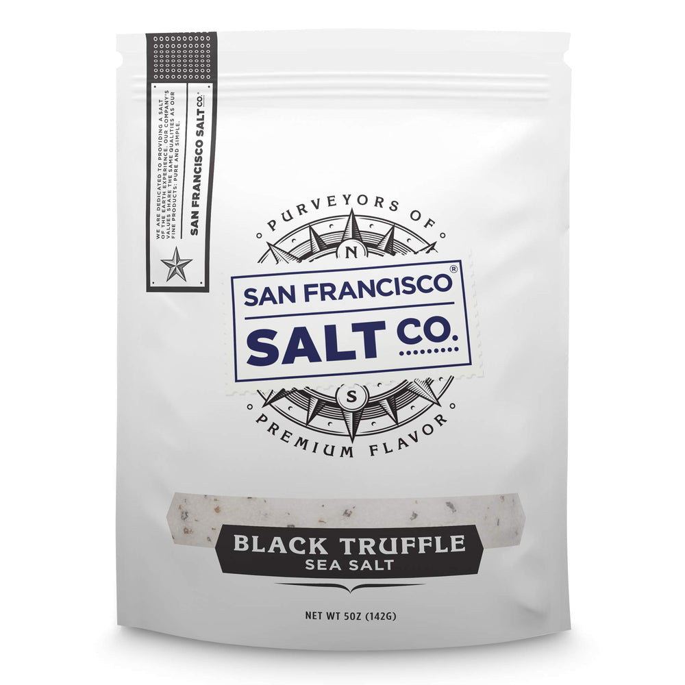 San Francisco Salt Company front pouch showing 5 oz resealable gourmet salt benefit: easy storage
