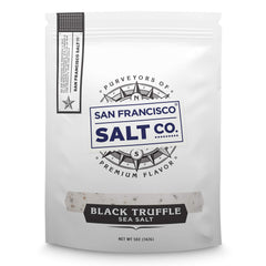 San Francisco Salt Company front pouch showing 5 oz resealable gourmet salt benefit: easy storage