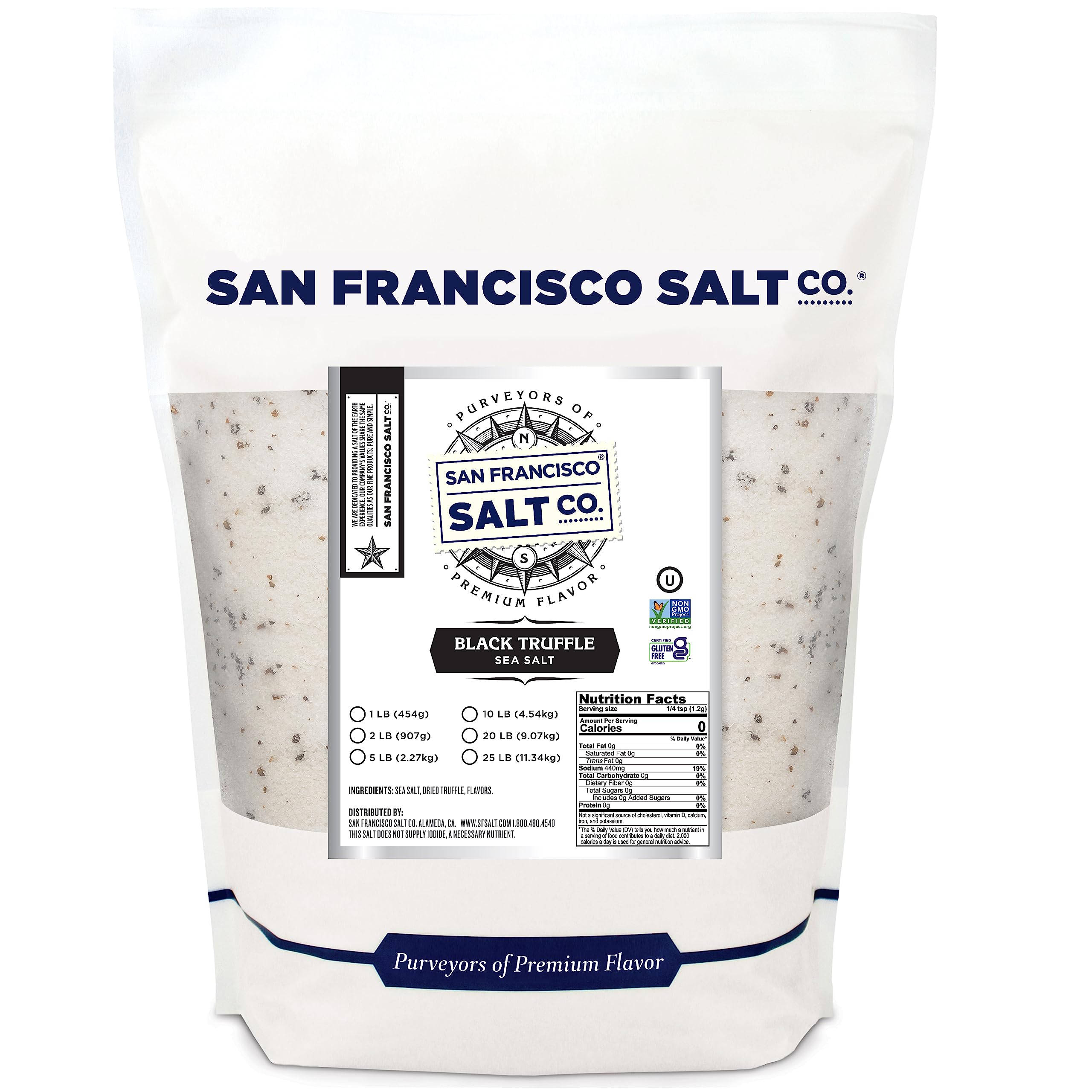 San Francisco Salt Company front bag showing 1 lb truffle salt, gourmet seasoning benefit