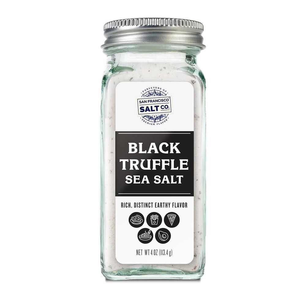 San Francisco Salt Company glass shaker front view showing premium truffle salt for table