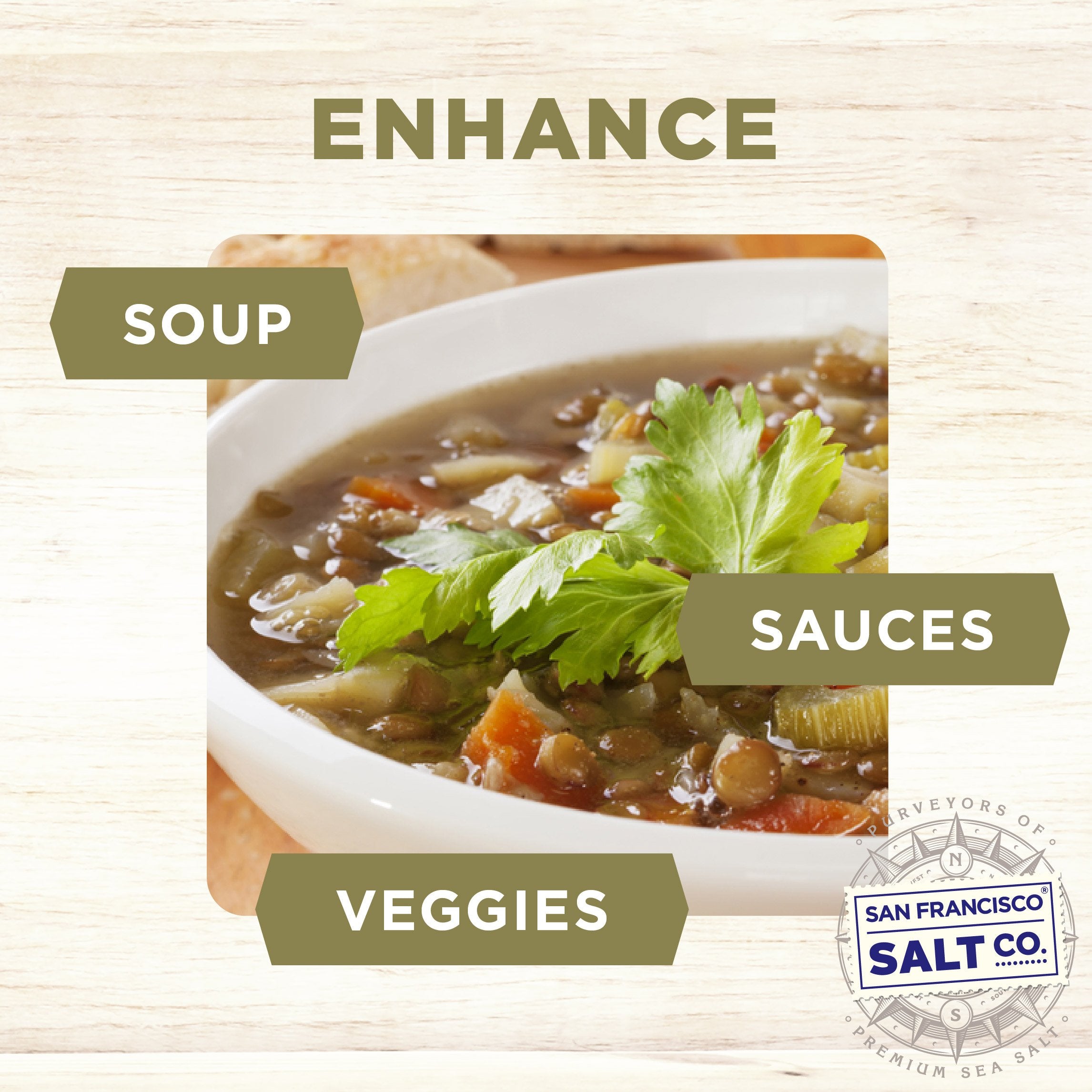 San Francisco Salt Company label with kosher and SQF icons shows quality assurance benefit