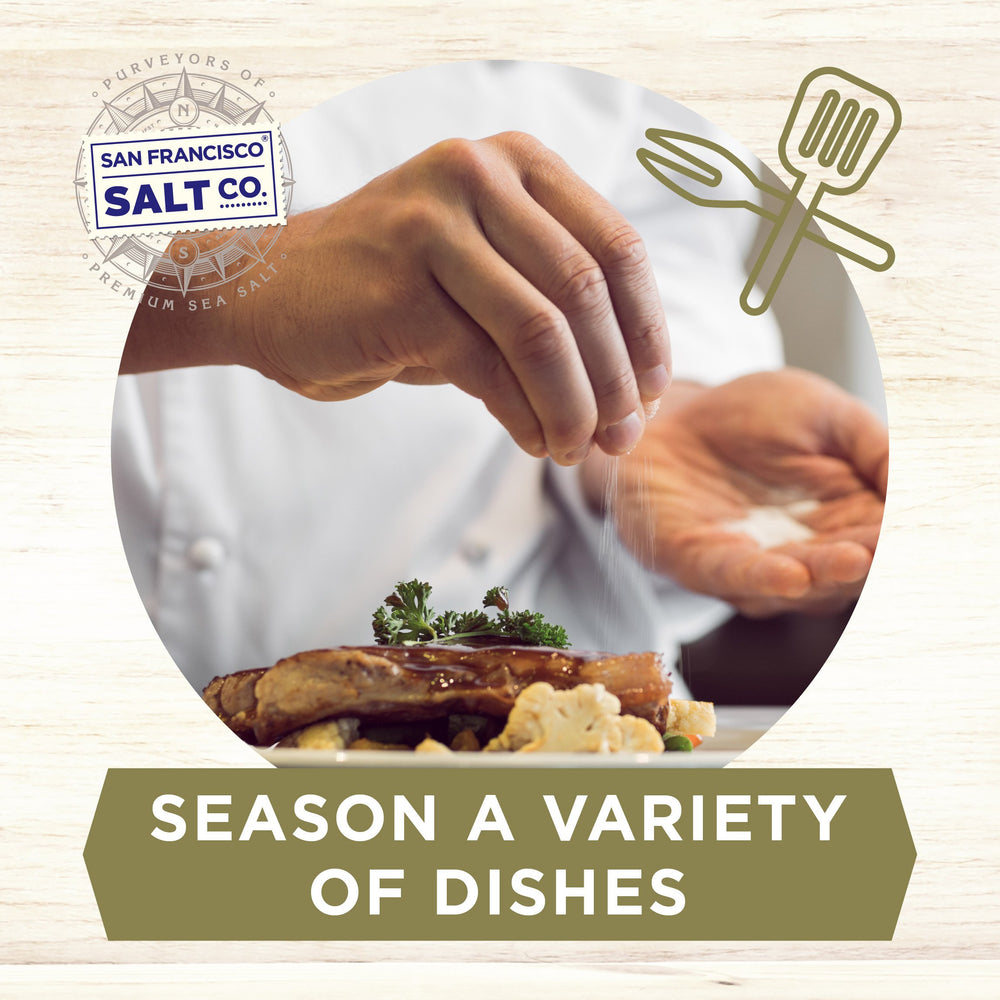 San Francisco Salt Company salt scooped in hand showing 2 lb scale for portion and value