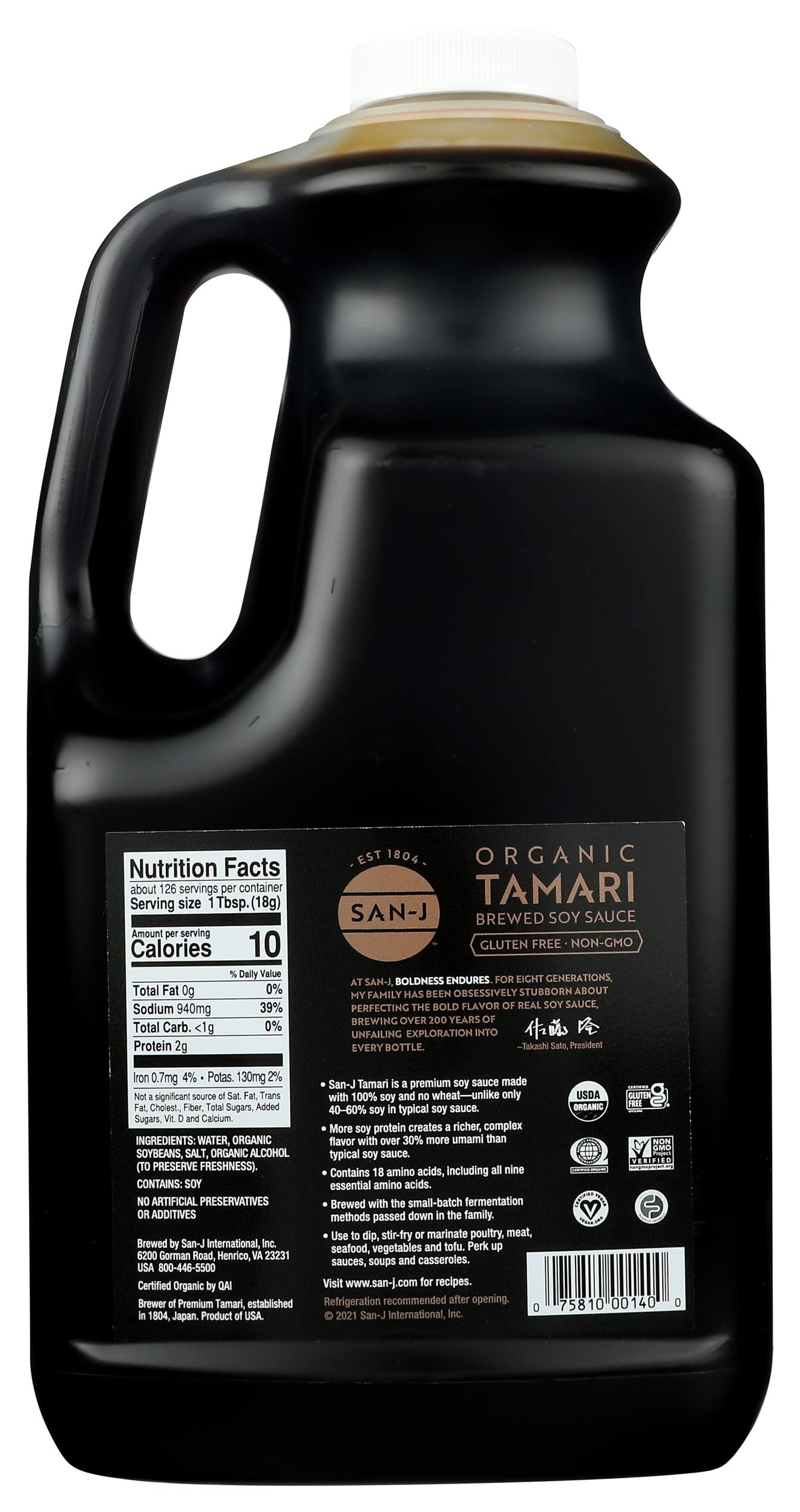San-J tamari pouring from bottle to show smooth pour and richer flavor