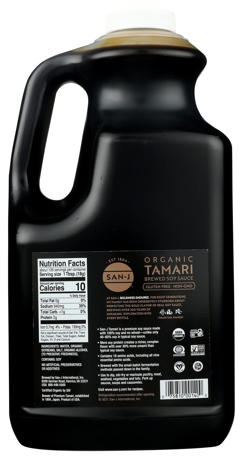 San-J tamari pouring from bottle to show smooth pour and richer flavor