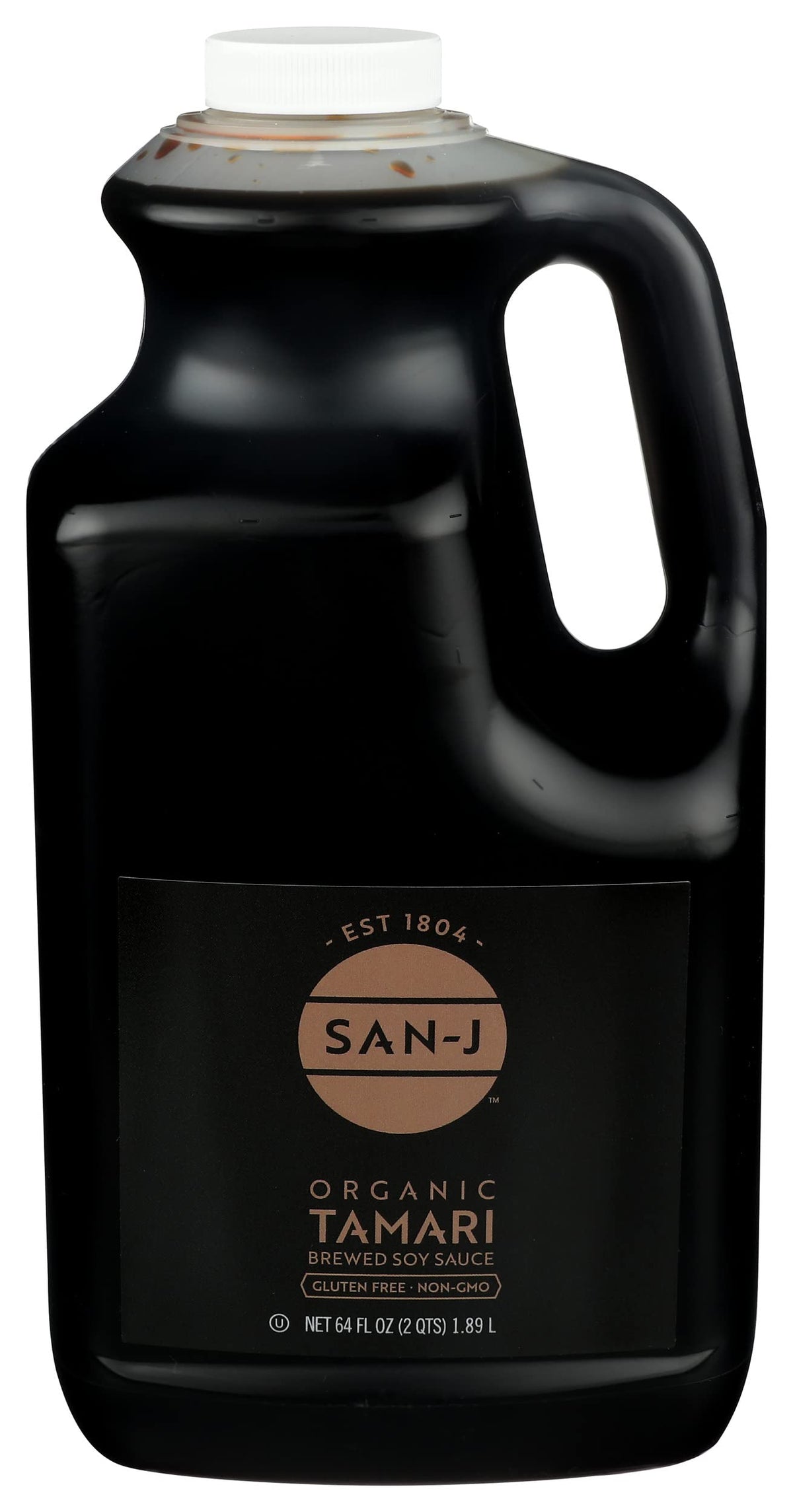 San-J front label on 64 oz bottle showing organic certification and benefits