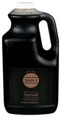 San-J front label on 64 oz bottle showing organic certification and benefits