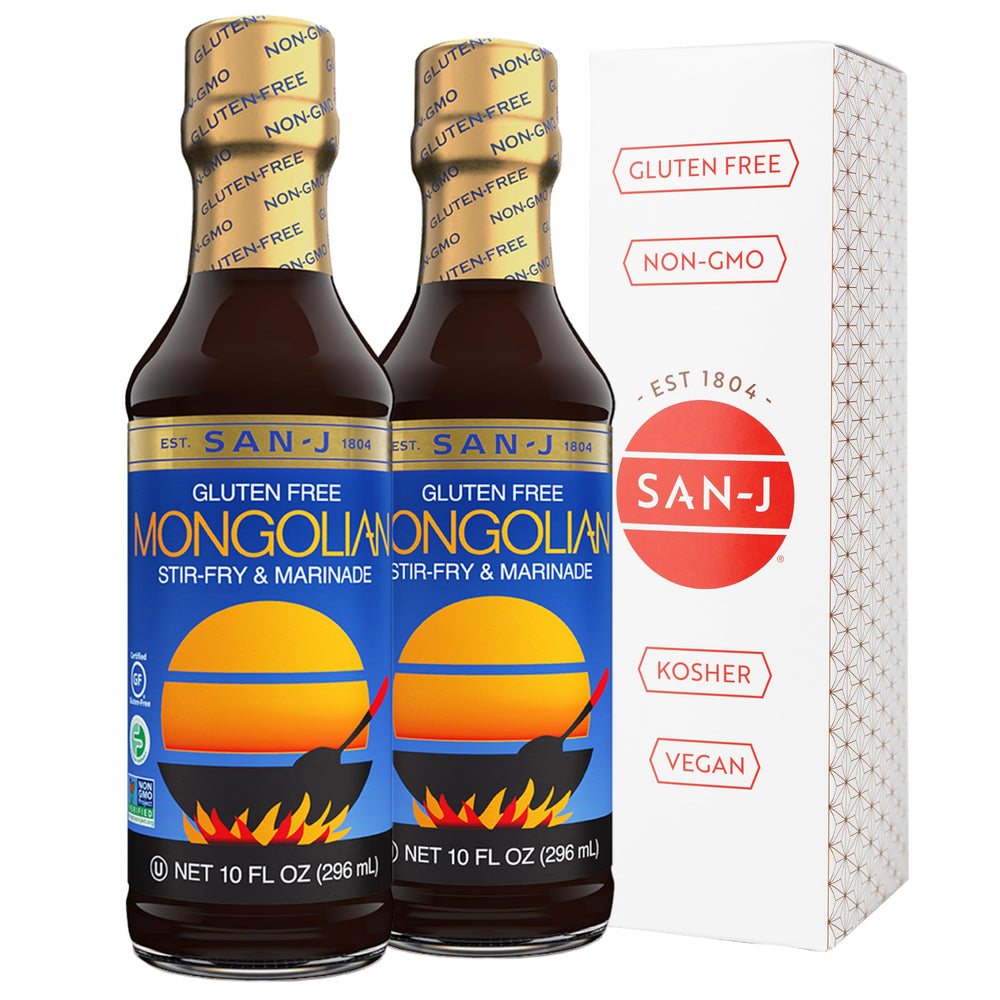 San-J bottle front view showing Mongolian Sauce and easy pouring benefit