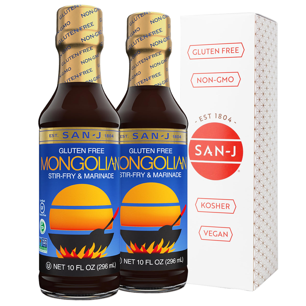 San-J bottle front view showing Mongolian Sauce and easy pouring benefit