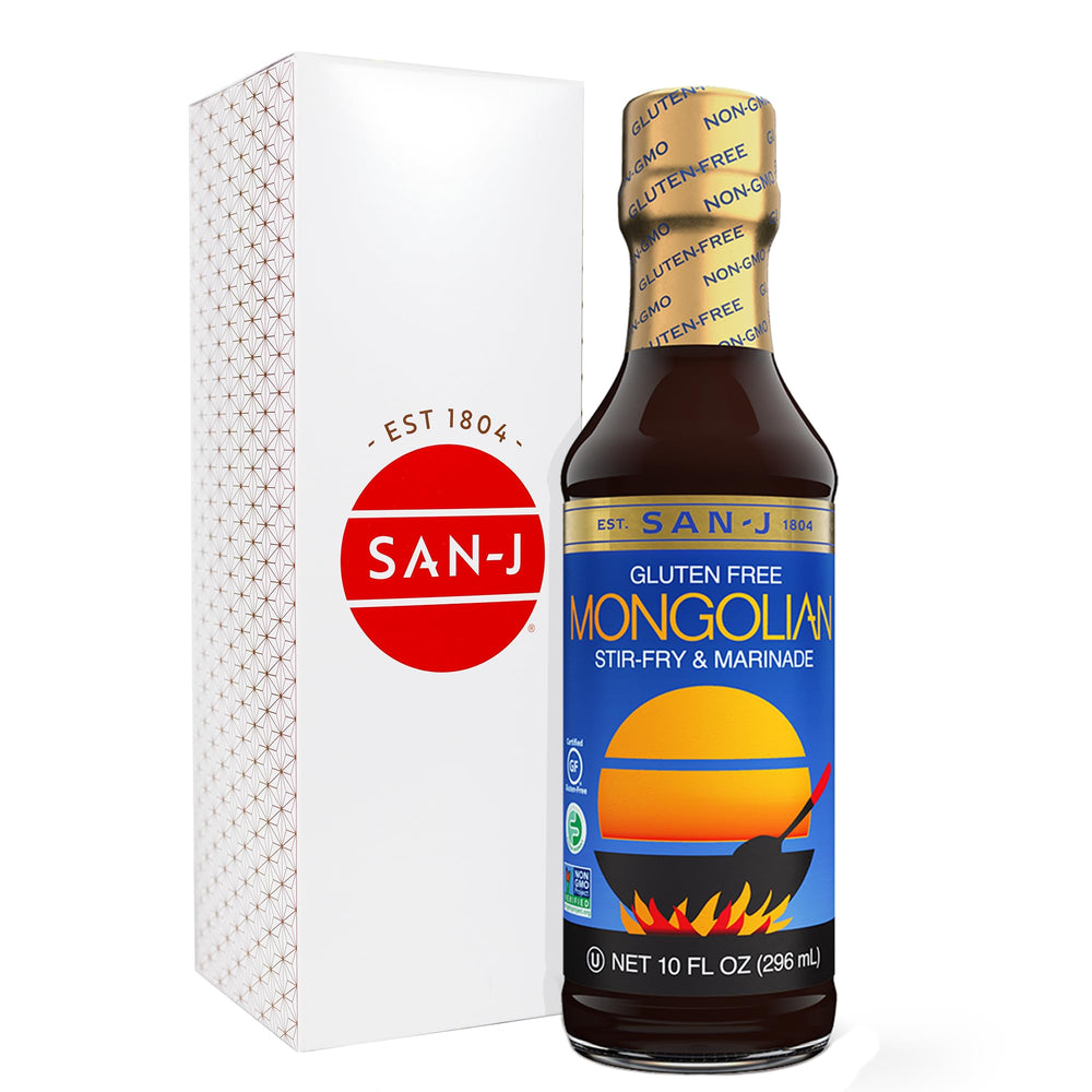 San-J front label showing Mongolian Sauce for clear identification and benefits