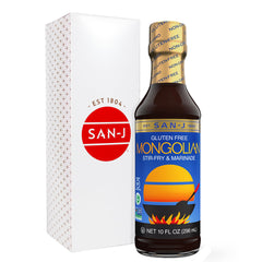 San-J front label showing Mongolian Sauce for clear identification and benefits
