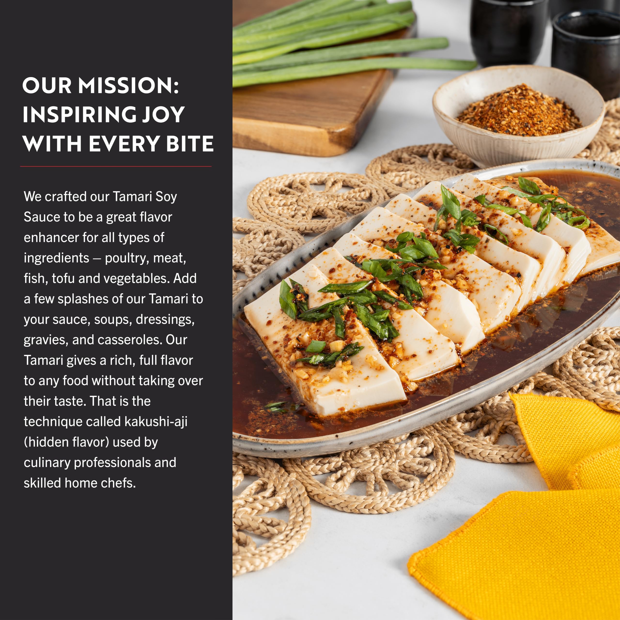 Jarred ingredients and bottle arranged to show San-J's non-GMO, clean label