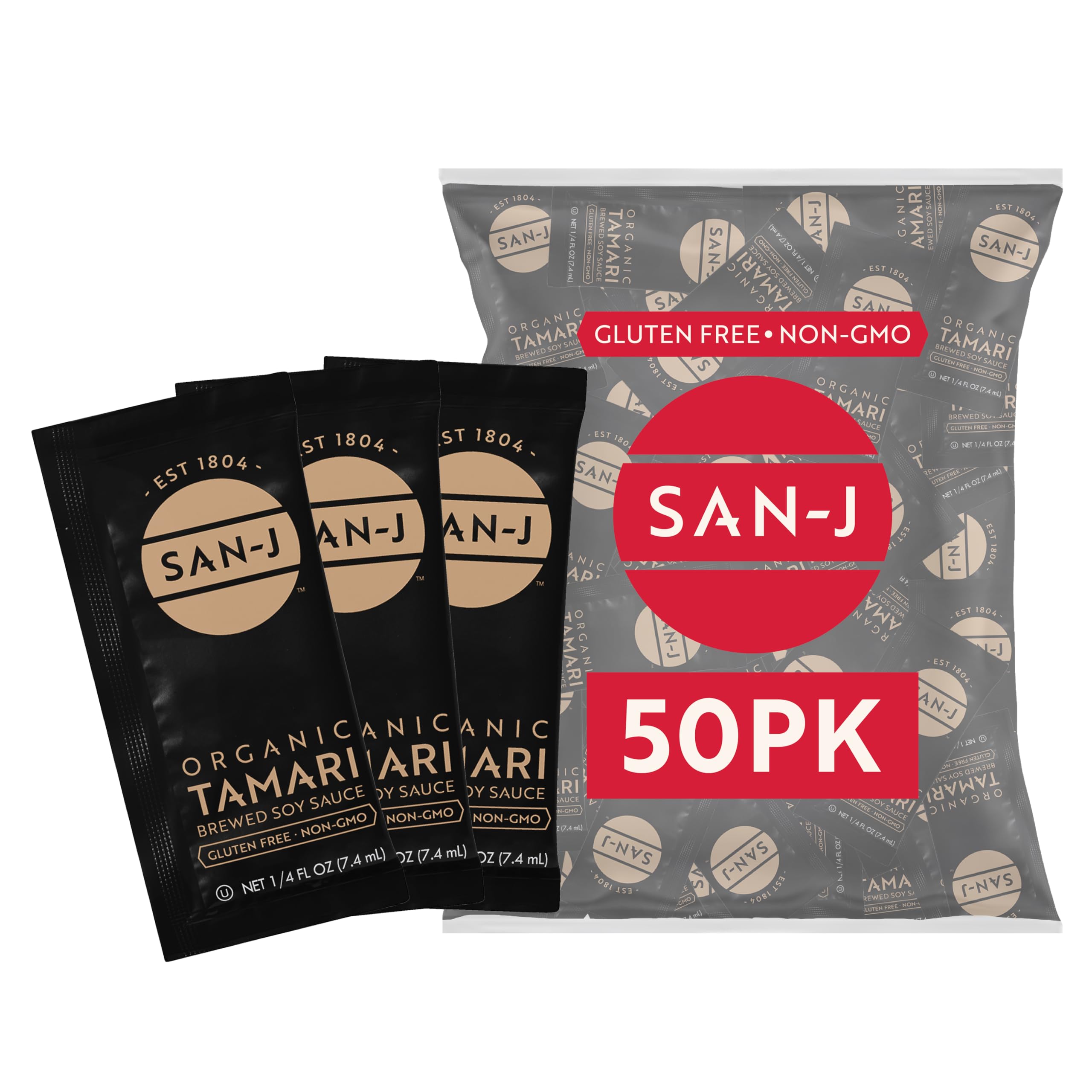 San-J front packaging displaying 50 tamari packets and convenient portability
