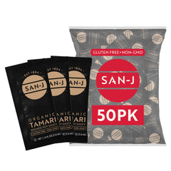 San-J front packaging displaying 50 tamari packets and convenient portability