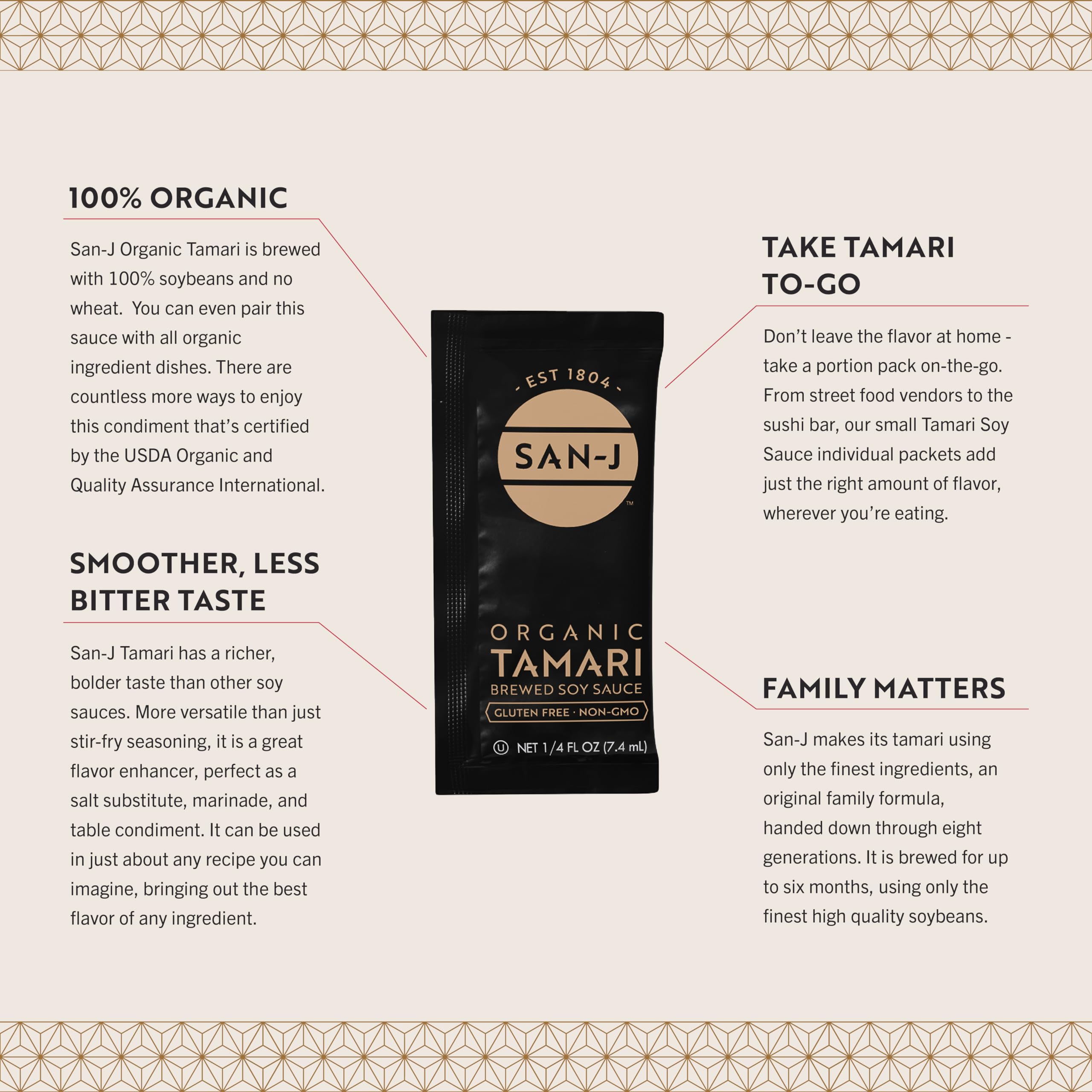 San-J ingredients label highlighting simple non-GMO soy and gluten-free benefit