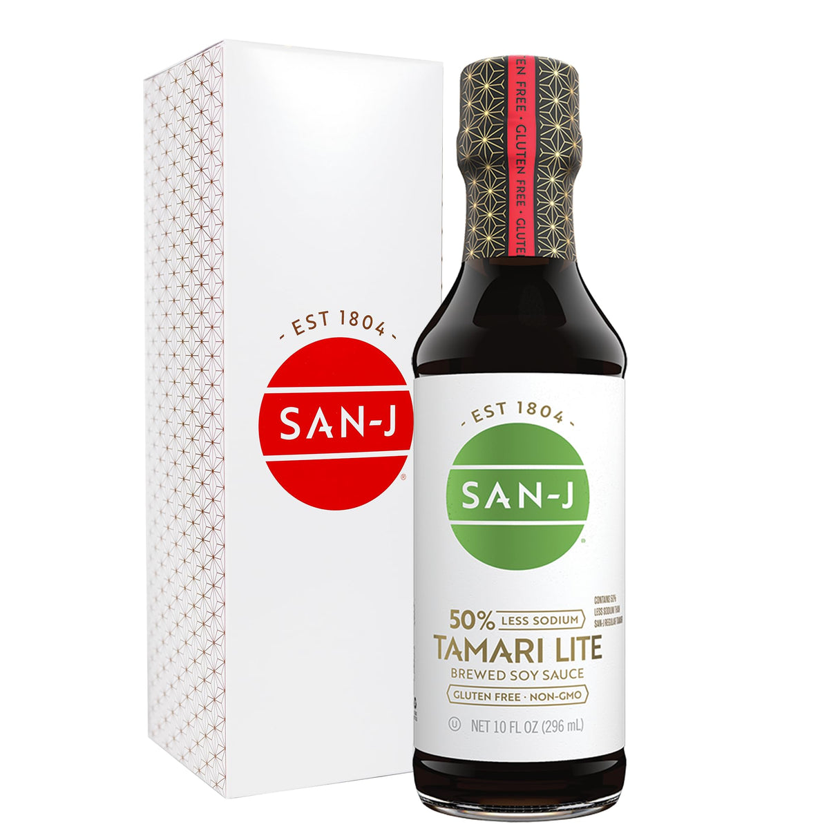 San-J front bottle view showing Tamari Lite and reduced sodium benefit