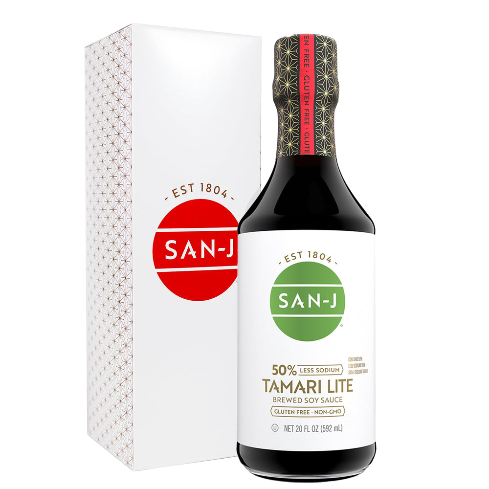 San-J tamari lite front label showing 20 oz bottle and lower sodium benefit