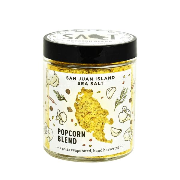 San Juan Island Sea Salt front jar showing label and seasoning benefit of clean coastal salt