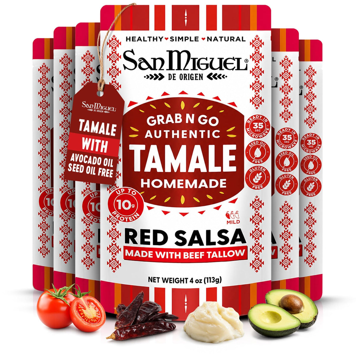 San Miguel de Origen front packaging showing product and benefits