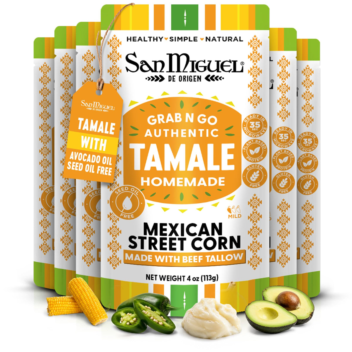 San Miguel de Origen front packaging showing tamale and ready-to-eat convenience