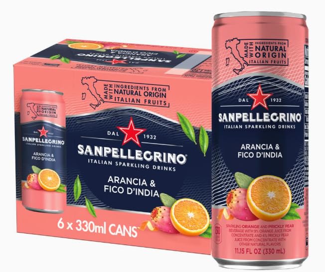 San Pellegrino can close-up label highlighting Italian branding and quality