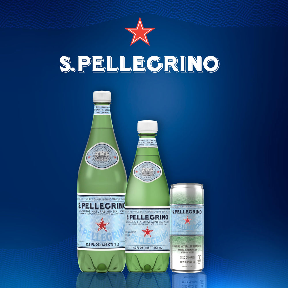 San Pellegrino case of bottles stacked for storage and event readiness