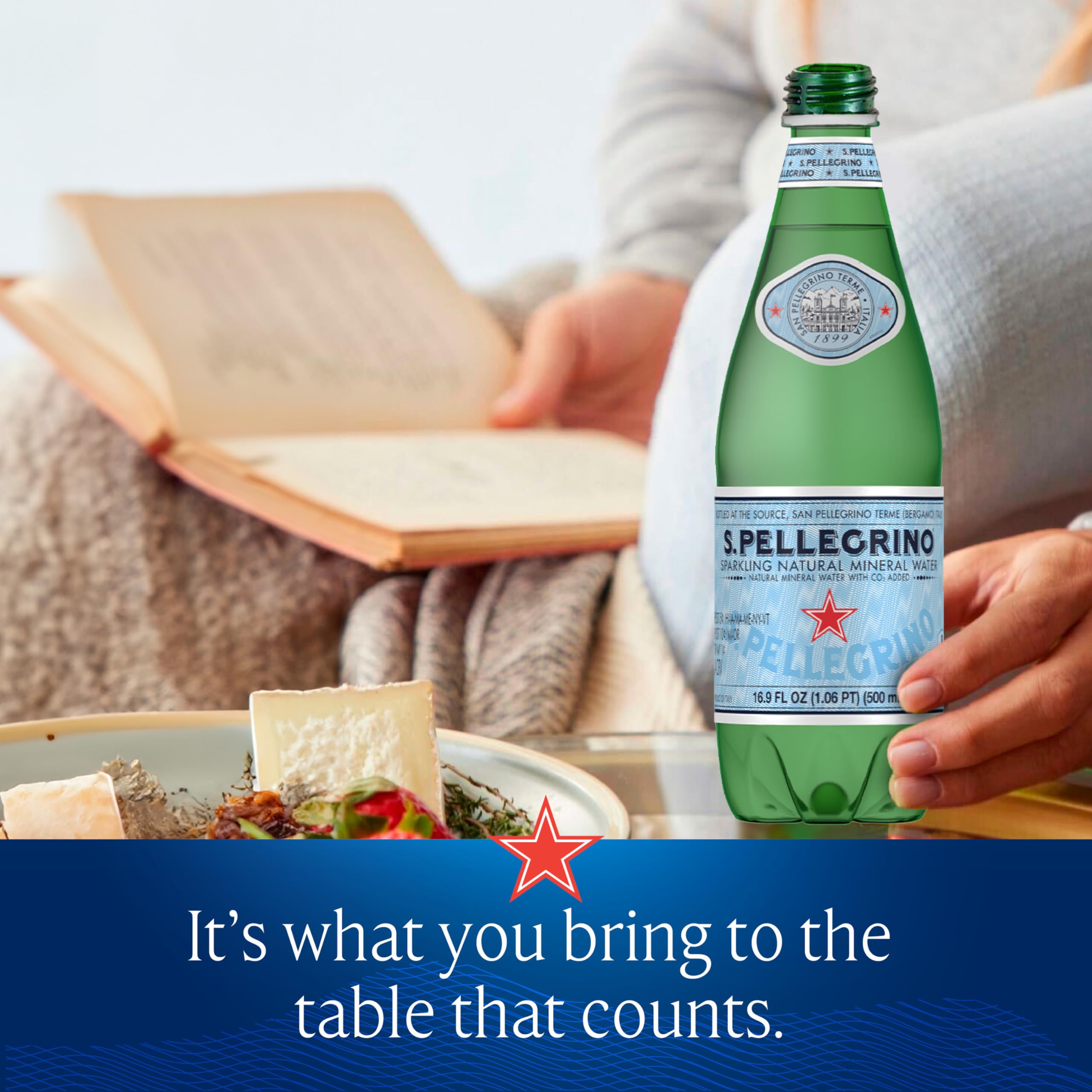 San Pellegrino beside plated meal showing brand enhancing flavors