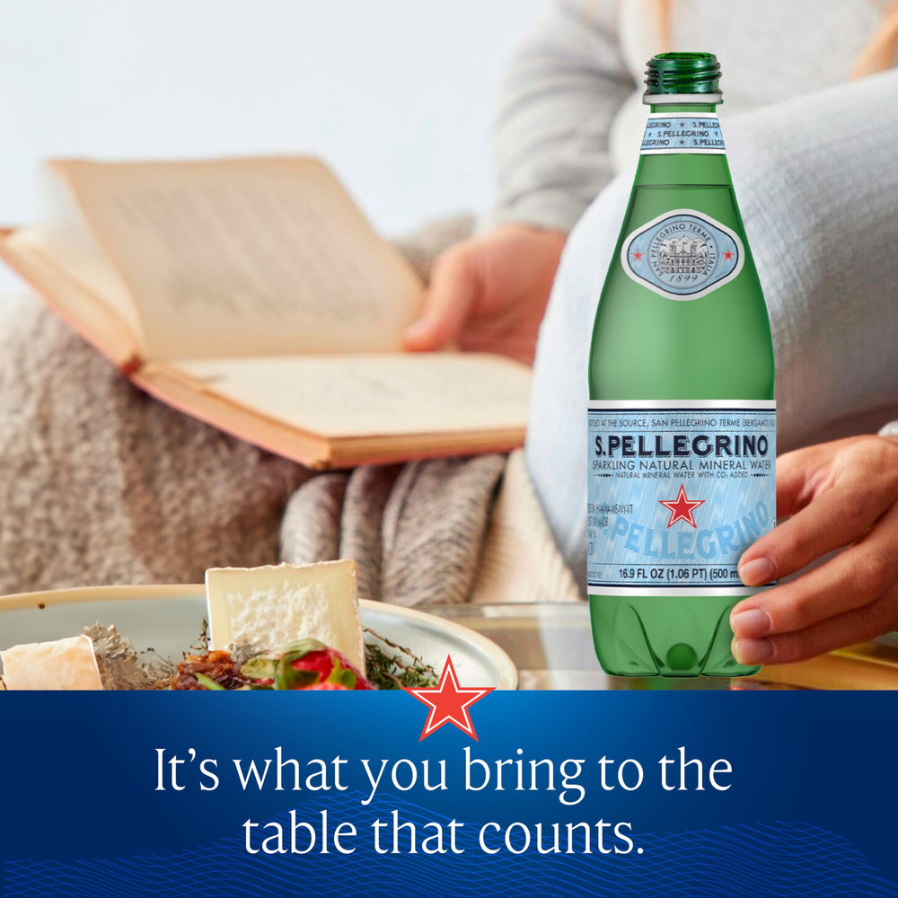 San Pellegrino beside plated meal showing brand enhancing flavors