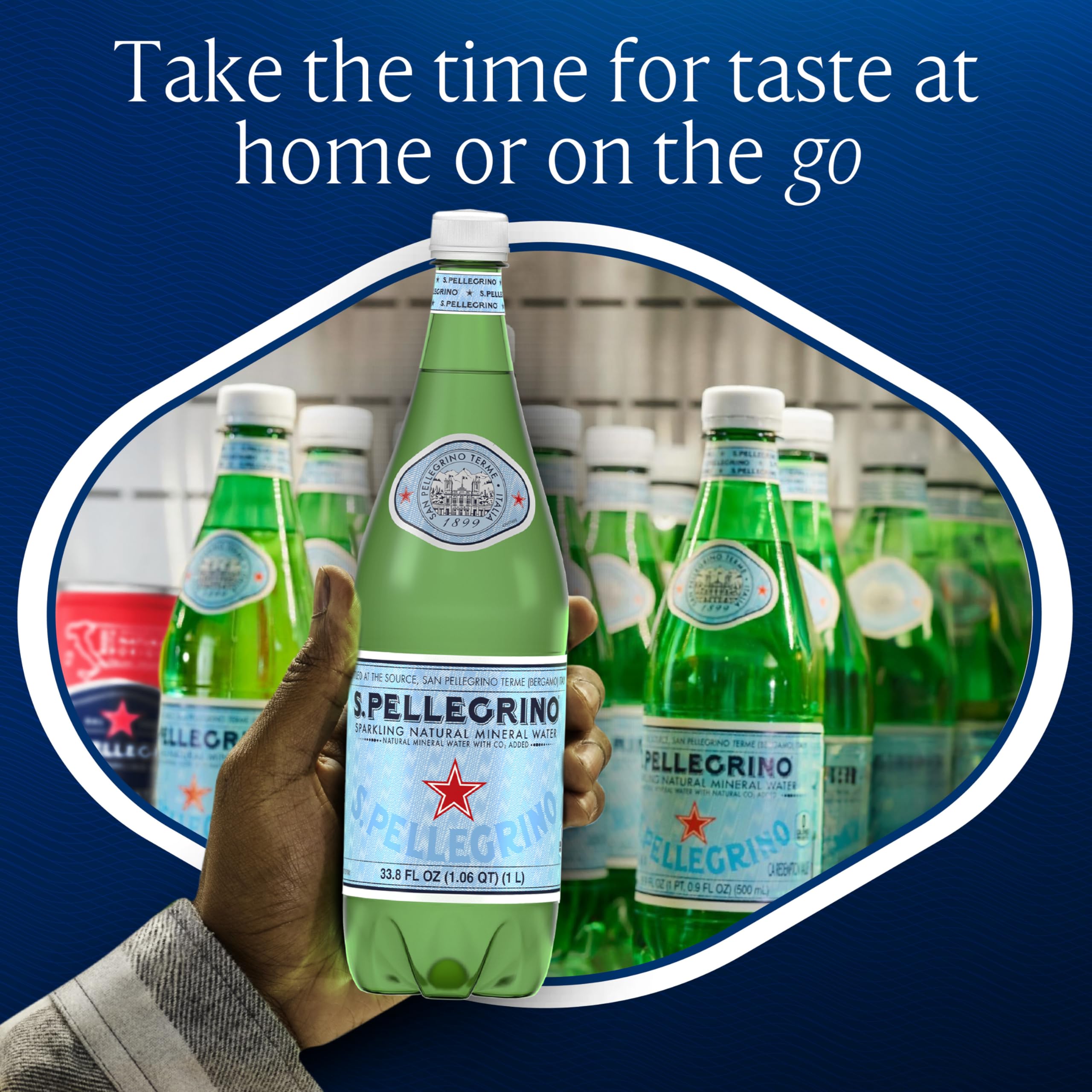 San Pellegrino close-up bottle texture highlighting purity and portability