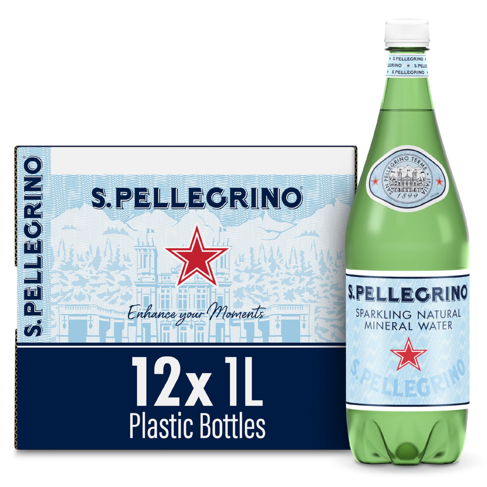 San Pellegrino front packaging showing twelve 1L bottles and convenience