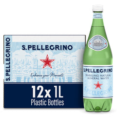 San Pellegrino front packaging showing twelve 1L bottles and convenience