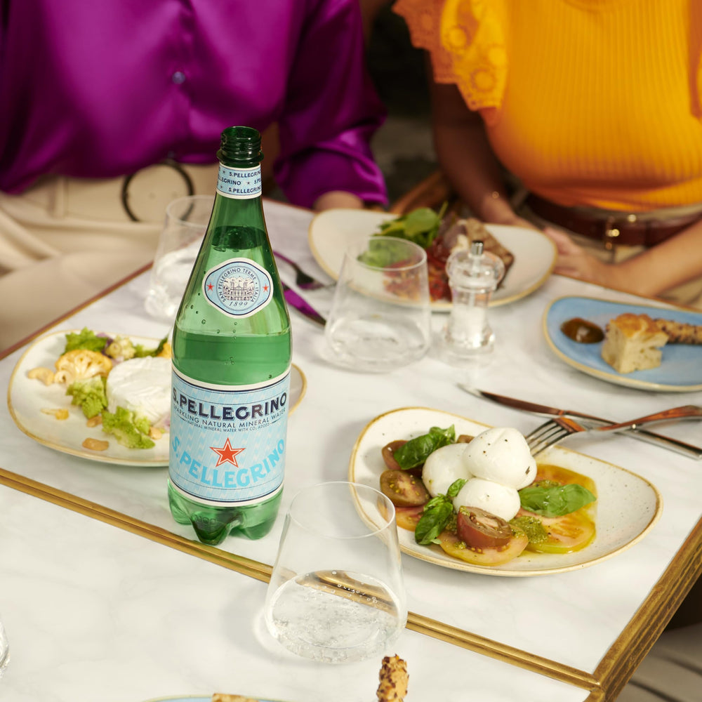San Pellegrino label closeup showing origin and mineral profile benefits