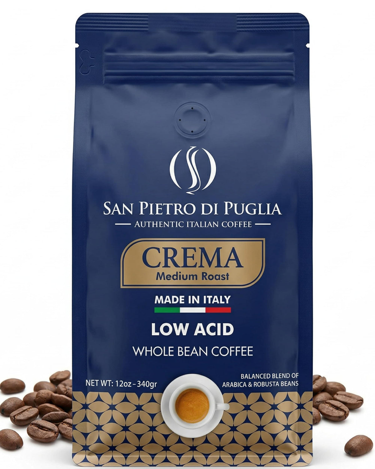 San Pietro di Puglia front bag view showing branding and 12oz weight benefit