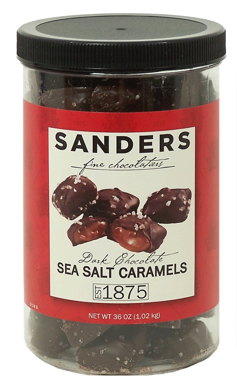 Sanders tin front view with dark chocolate sea salt caramels, perfect for gifting