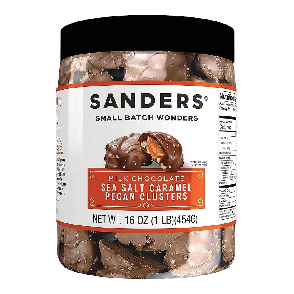 Sanders tub front view showcasing clusters and resealable packaging freshness