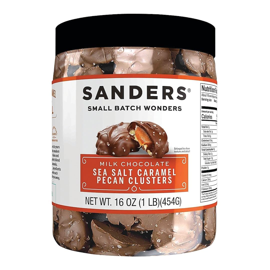 Sanders tub front view showcasing clusters and resealable packaging freshness