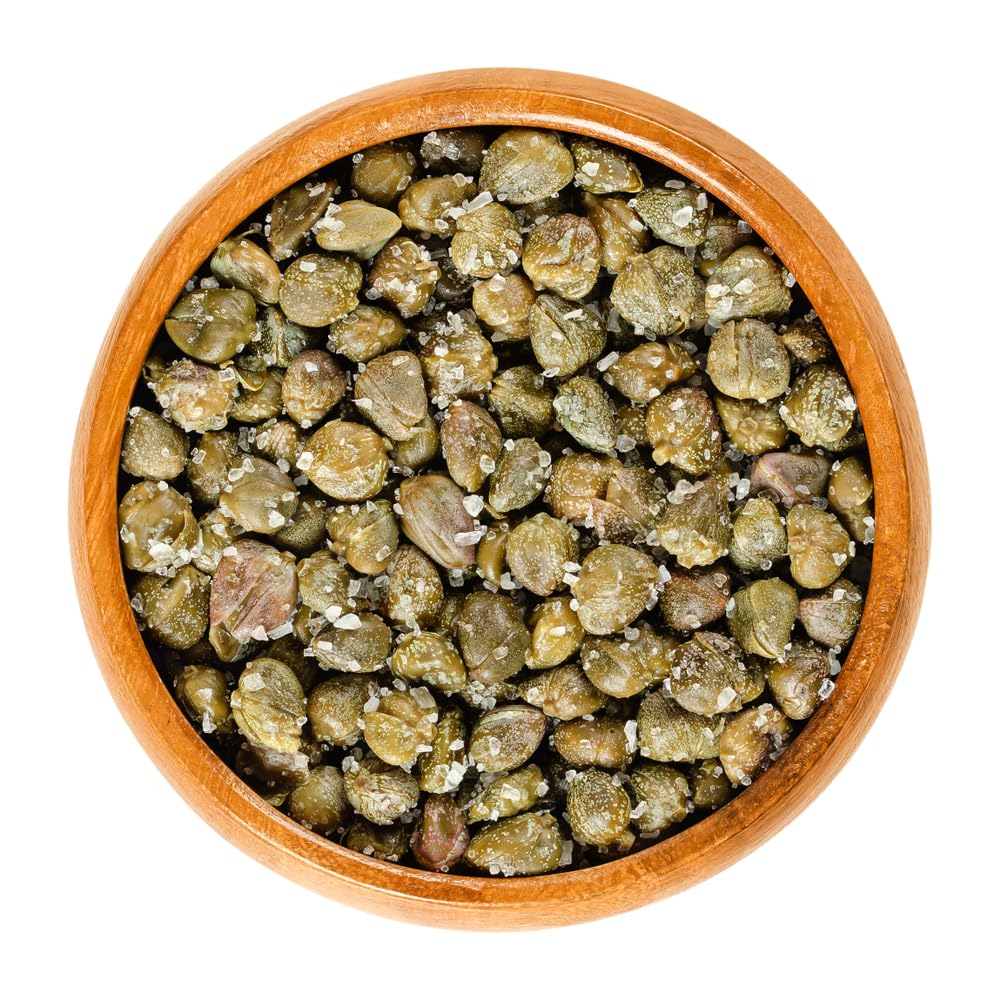 Drained Sanniti capers in white bowl ready to use benefit