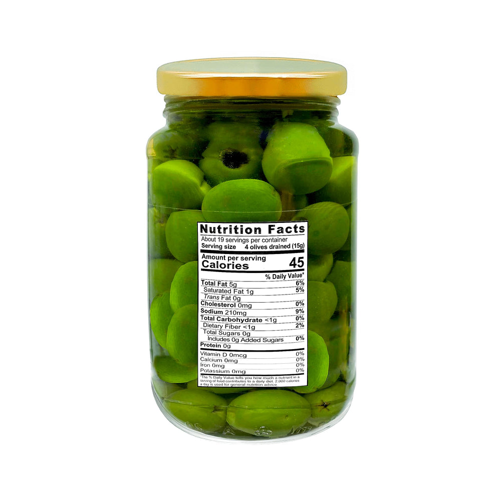 Sanniti open jar top view with pitted Castelvetrano olives ready to use