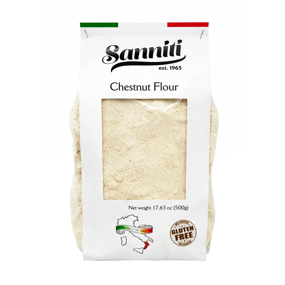 Sanniti chestnut flour front packaging shows product and gluten-free benefit
