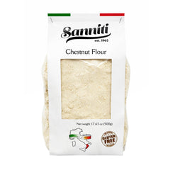 Sanniti chestnut flour front packaging shows product and gluten-free benefit