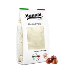 Sanniti chestnut flour pouring from bag demonstrating easy use and texture