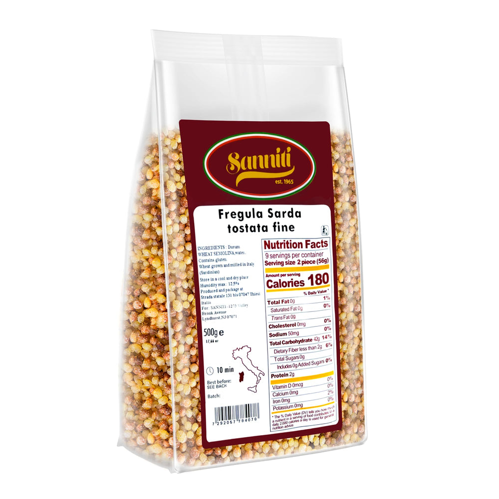 Sanniti close-up of toasted fregola beads highlighting nutty texture